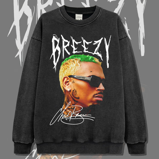 Marcas streetwear usa vintage hip hop Chris Brown print crew neck sweater wash sweater