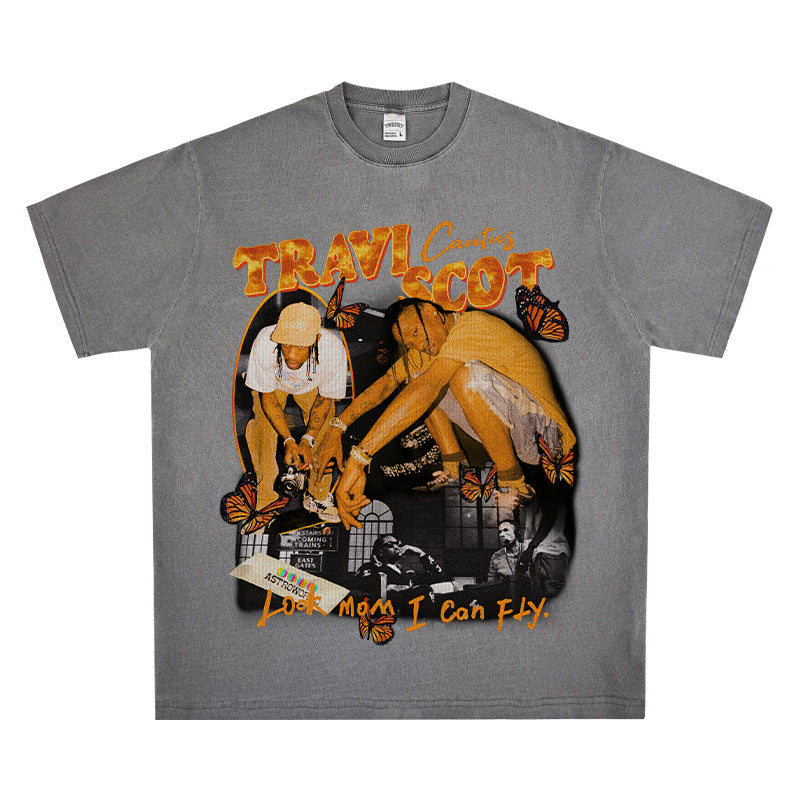 New york hip hop shop BC hip hop rap Travis Scott TS print short sleeve washed old t-shirt