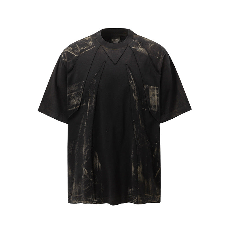 Camisas Retros Vintage Old Dirty Short Sleeve Splicing T-Shirt