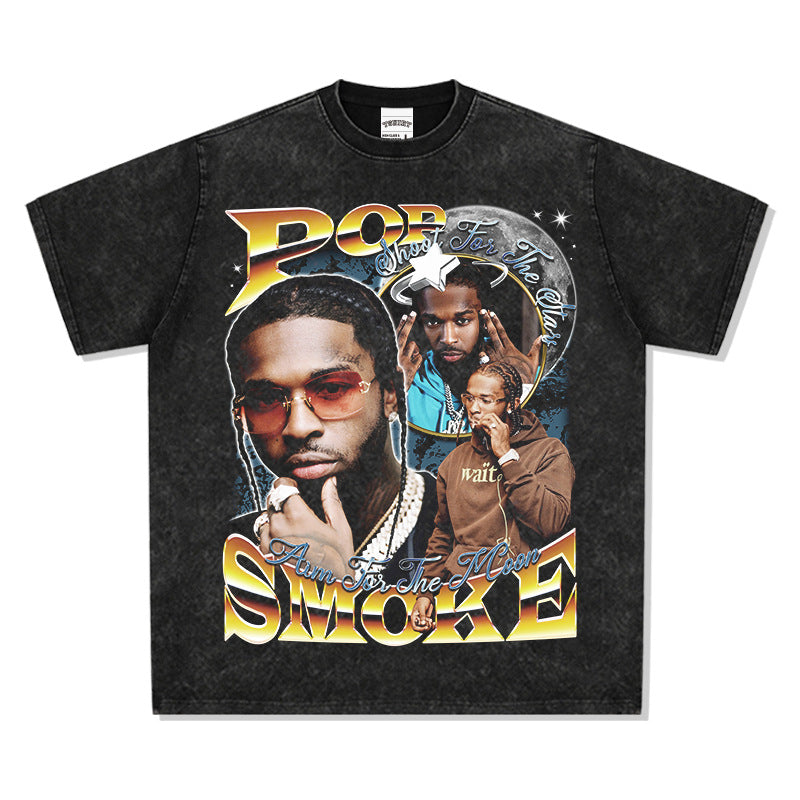 Cool t rapper vintage hip hop pop smoke print hiphop short sleeve t-shirt