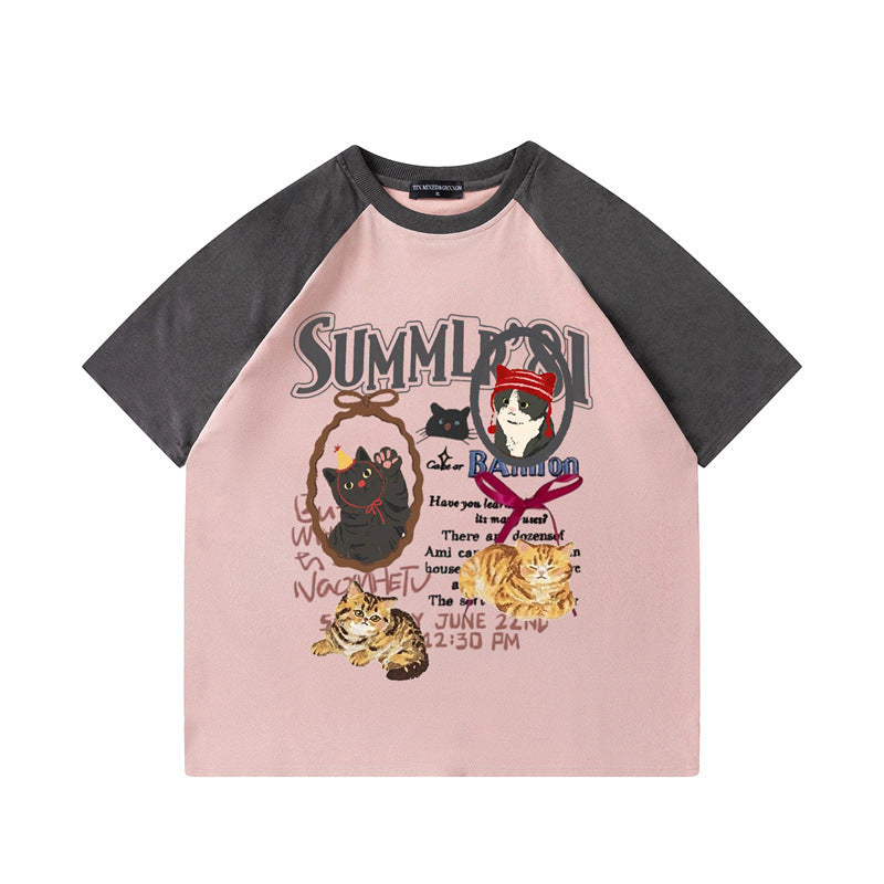 US drip outfits summer vintage alphabet pussy print casual loose short sleeve T-Shirts