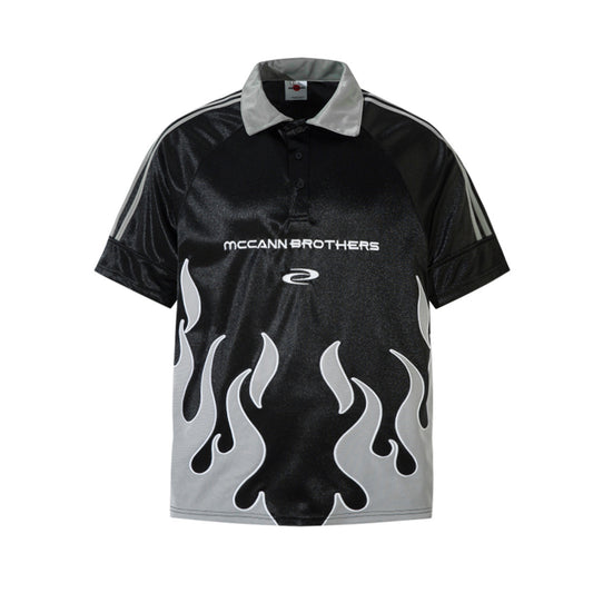 Retro Style Shirt For Men Summer Short Sleeve Flame Embroidery Sports Polo Shirt Lapel