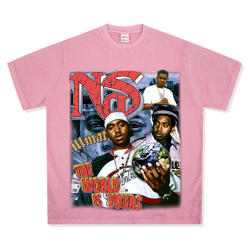 Streetwear masculino vintage hip hop nas print short sleeve t-shirt vintage