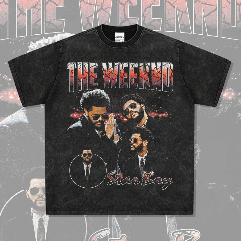 Streetwear masculino vintage weeknd print short sleeve t-shirt hip hop loose vintage