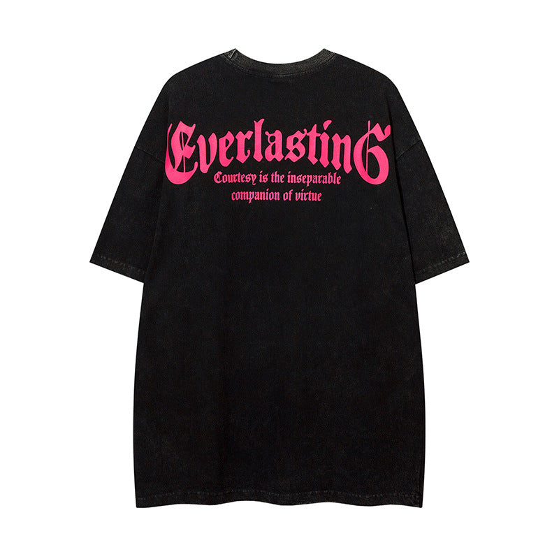 Vintage T Shirts Hip Hop Retro Pussy Washed Old Short Sleeve T-Shirt