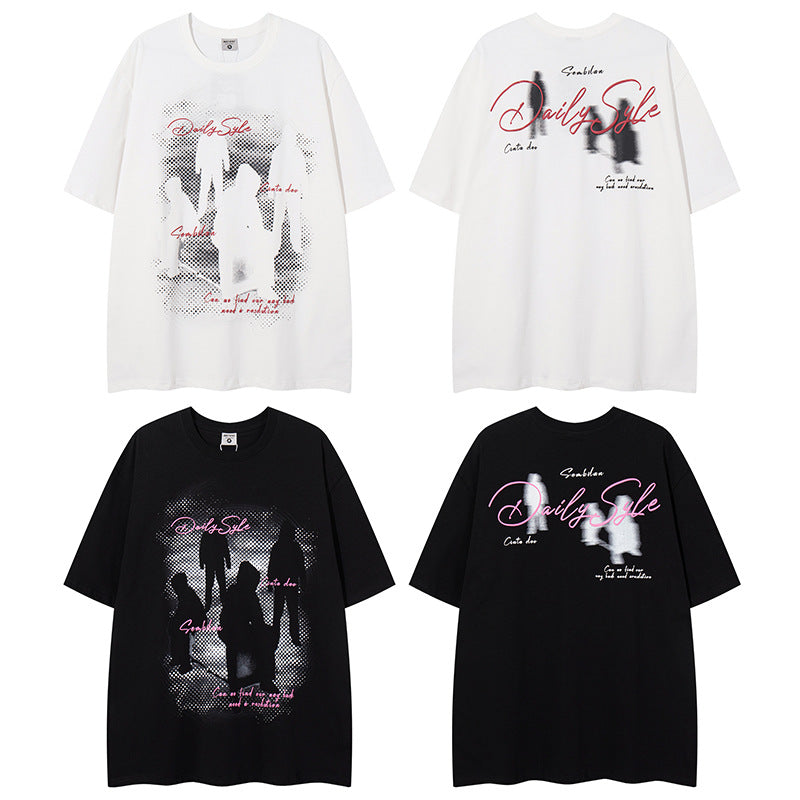 Distorted vintage black shadow portrait print short sleeve t-shirt summer oversize casual top
