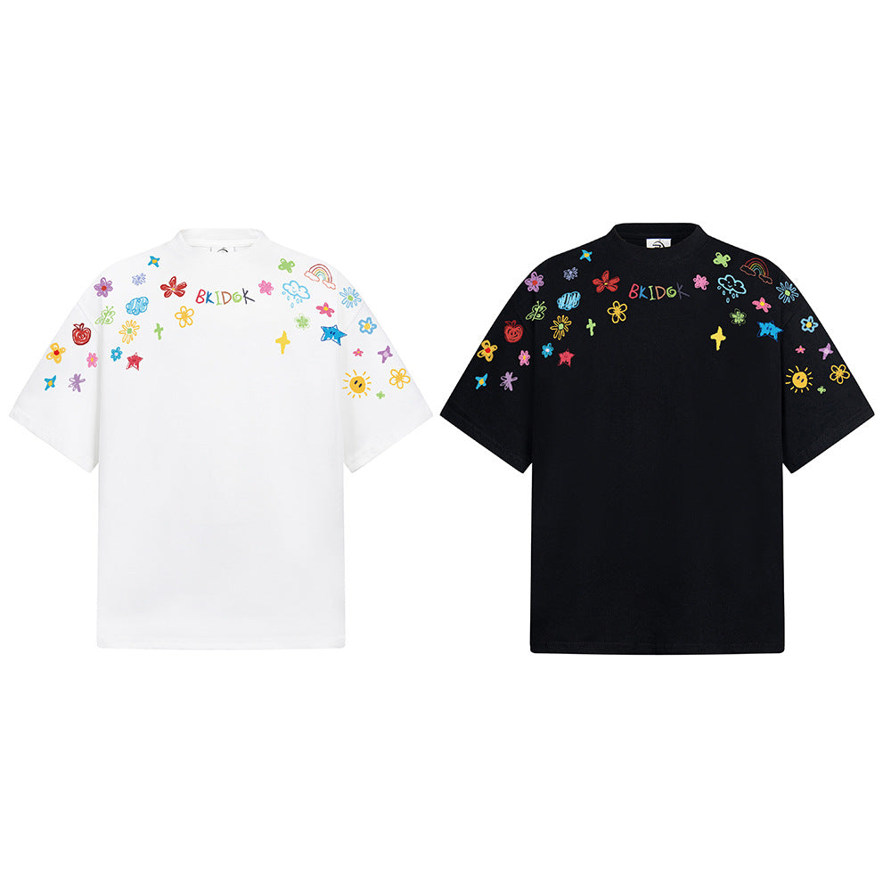 Hip Hop Clothes New York Summer Cartoon Graffiti Print T-Shirt Crew Neck Short Sleeve