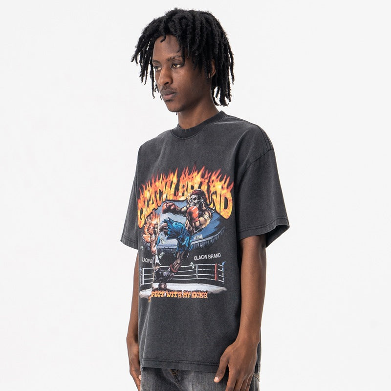 Vic Streetwear Summer Boxer Print Wash Water Short Sleeve T-Shirt