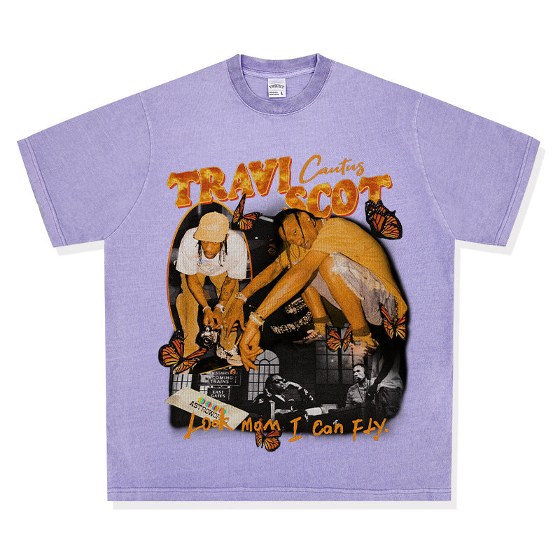 New york hip hop shop BC hip hop rap Travis Scott TS print short sleeve washed old t-shirt