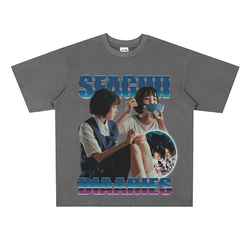 Film Star T Shirt Sea Street Diary Loose Retro Street Pure Cotton American T-shirt Men and Women