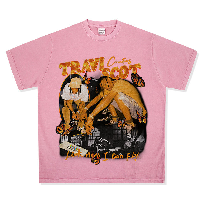 New york hip hop shop BC hip hop rap Travis Scott TS print short sleeve washed old t-shirt