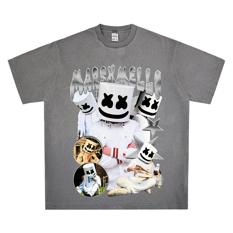 Streetwear masculin MARSHMELLO vintage hip hop rap print short sleeve t-shirt