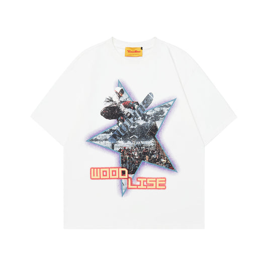 90s West Coast Hip Hop Fashion T Shirts Skateboard Pentagram Print Short Sleeve T-Shirt