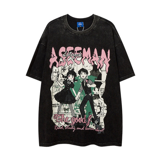 Vintage T Shirts Hip Hop Vintage Cartoon Wash Short Sleeve T-Shirt