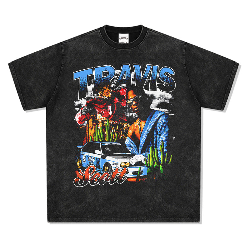 Outfit streetwear vintage hip hop TS scott print short sleeve t-shirt