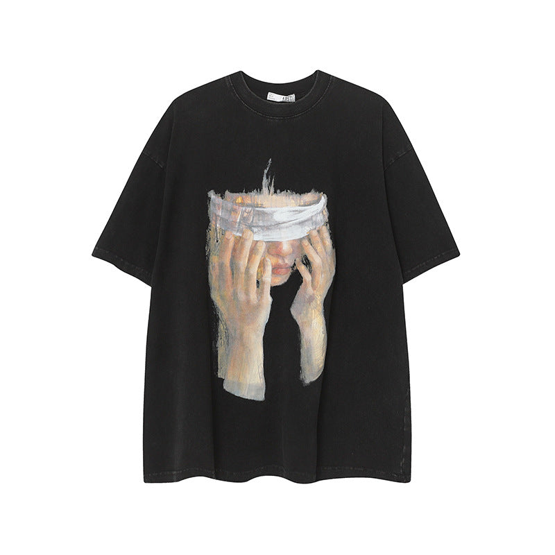 Marcas De Streetwear Vintage Blindfolded Girl Print Wash Short Sleeve T-Shirt