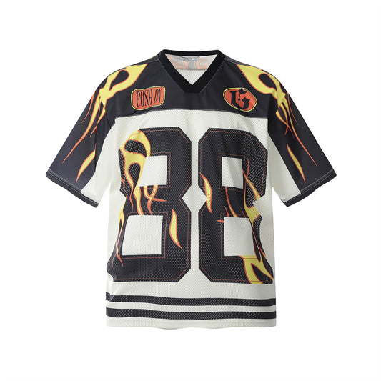 USA Vintage T-Shirt Vintage Letter Print Splicing Mesh V-Neck Jersey Men's Summer Loose