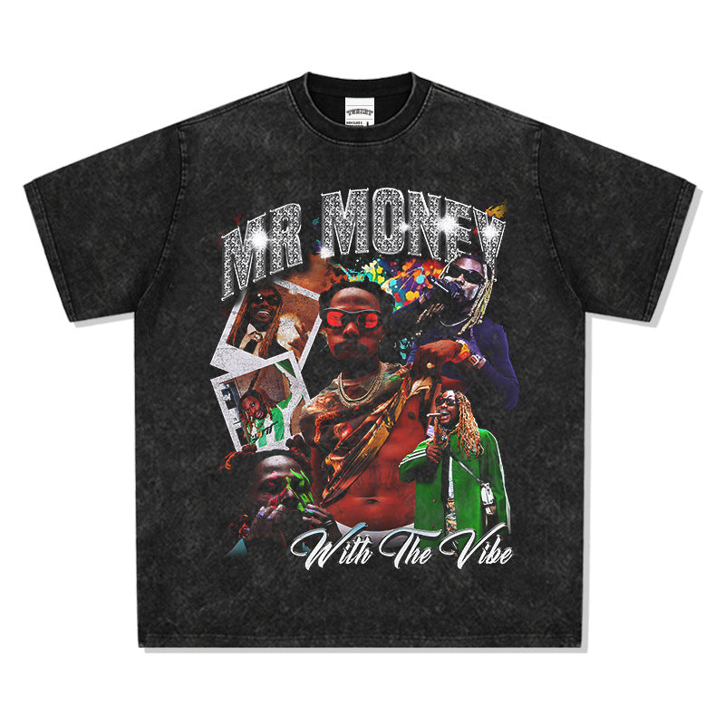 Marcas streetwear usa vintage hip hop Asake print short sleeve t-shirt