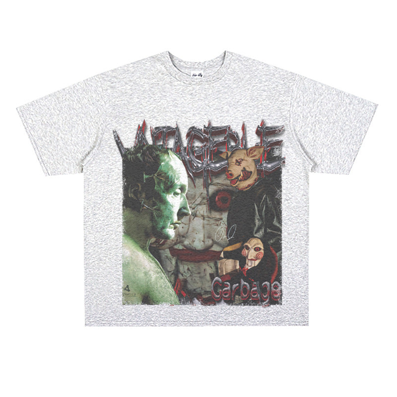 Film Star T Shirt Pure Cotton Loose Short Sleeve American Retro Trendy Printed round Neck T-shirt for Men