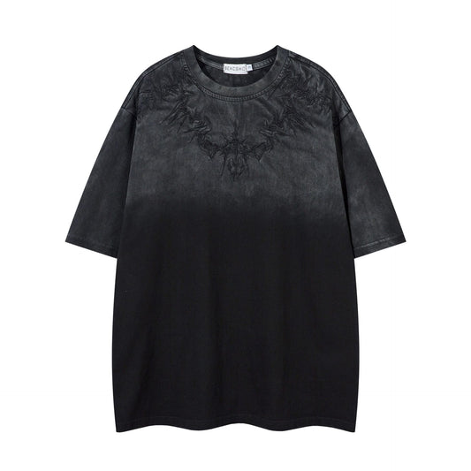 Hip Hop Clothing Summer Vintage Embroidery Washed Short Sleeve T-Shirt