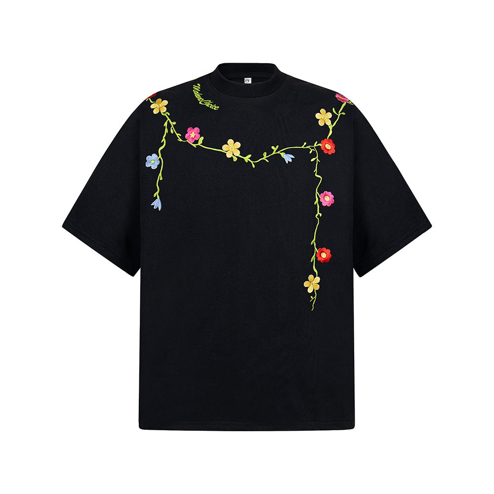 Hip Hop Clothes New York Vintage Floral Embroidery Short Sleeve T-Shirt