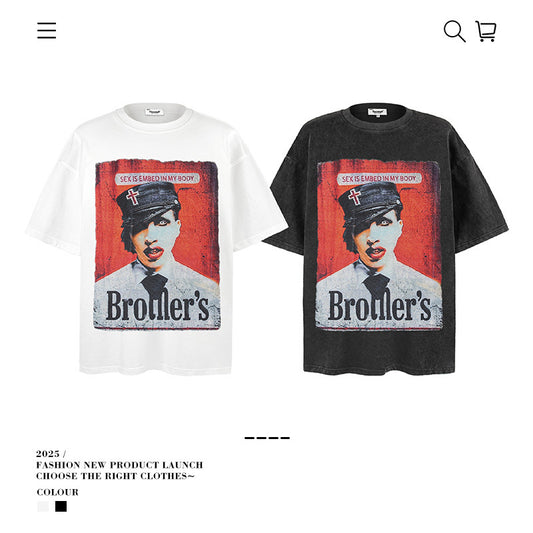 American vintage street T-shirt pure cotton retro men's and women's summer loose half sleeves