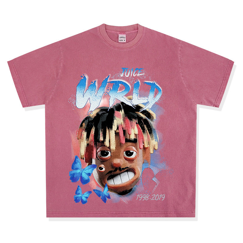 Cool t rapper rap Juice Wrld print hip hop short sleeve vintage loose