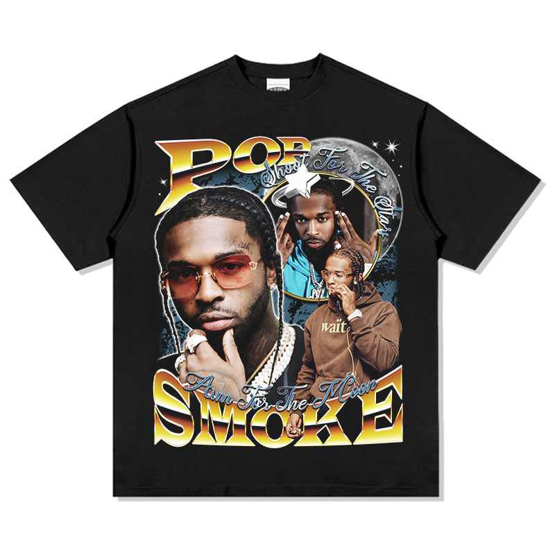 Cool t rapper vintage hip hop pop smoke print hiphop short sleeve t-shirt