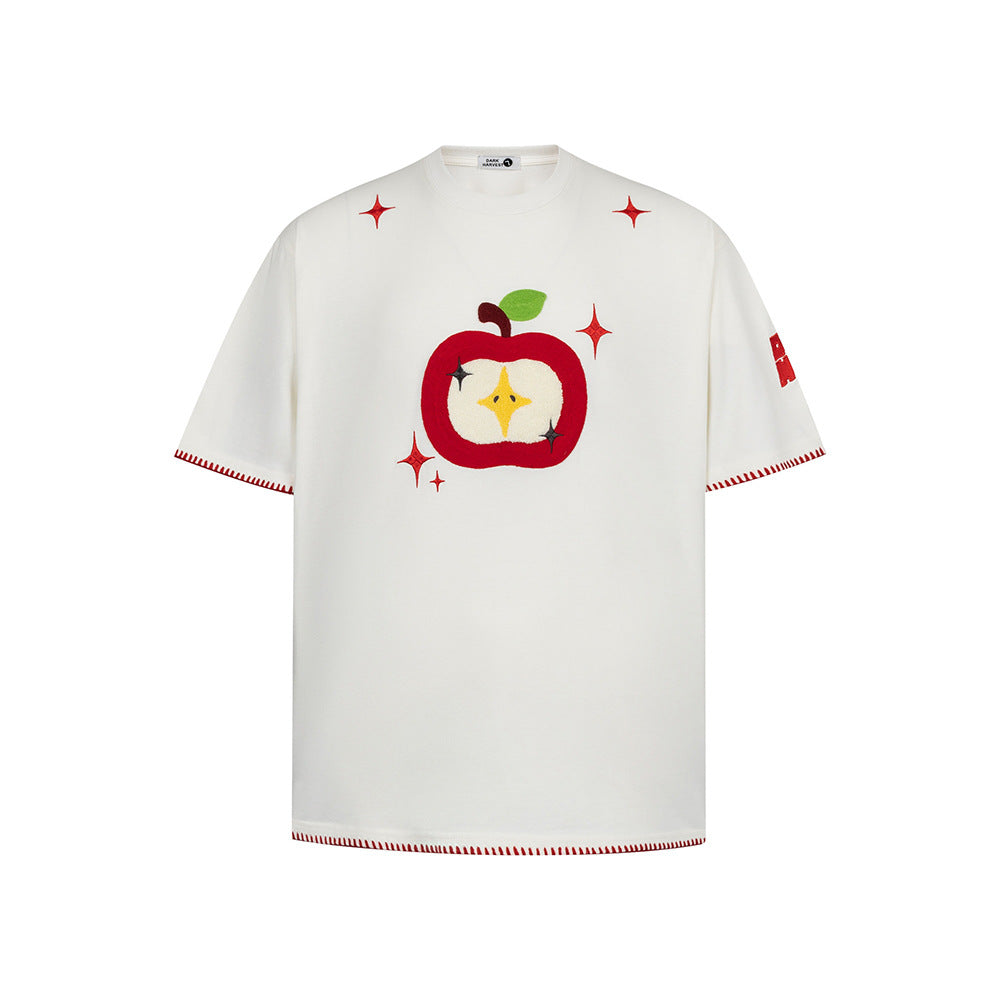 Hip Hop Clothes New York Vintage Embroidered Short Sleeve T-Shirt Crew Neck Apple Pattern Top