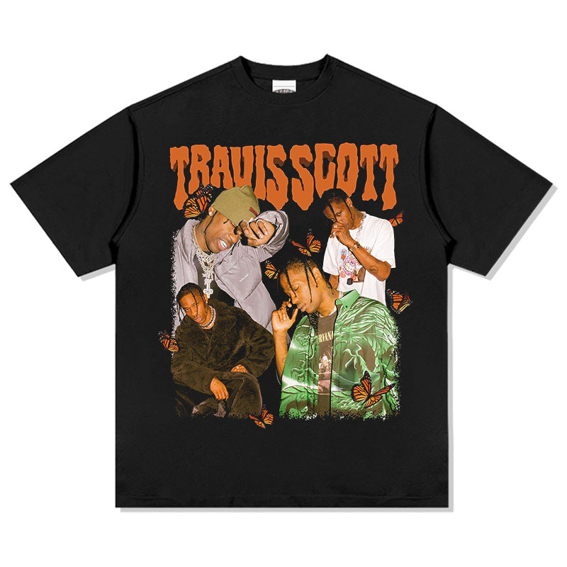 Streetwear masculino TRAVIS SCOTT Hip Hop, Loose, Printed Short Sleeve Vintage TEE