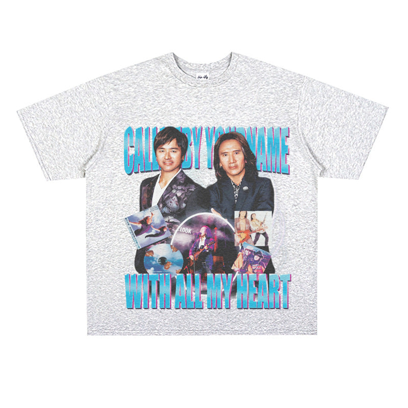 Film Star T Shirt Medium Loose Heavy Weight Retro Street Cotton T-shirt Men and Women