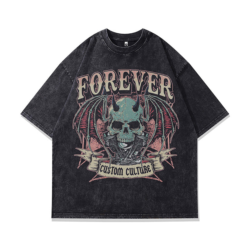 Ropa Vintage Hombre Vintage Skull Print Old Washed Loose Short Sleeve T-Shirt