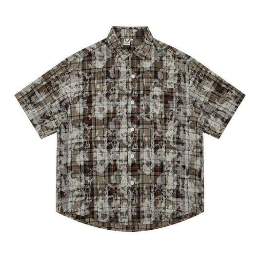 Stone Wash T shirt Retro plaid short-sleeved shirt Summer loose shorts