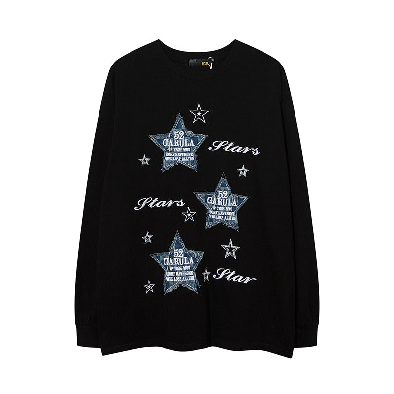Vintage T Shirts Hip Hop Star Denim Patch Embroidered Long Sleeve T-Shirt