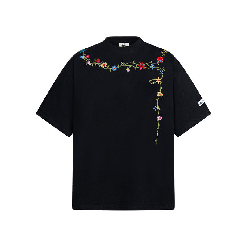 Casual Street Wear Embroidered Flower Necklace Crew Neck Short Sleeve Shirt