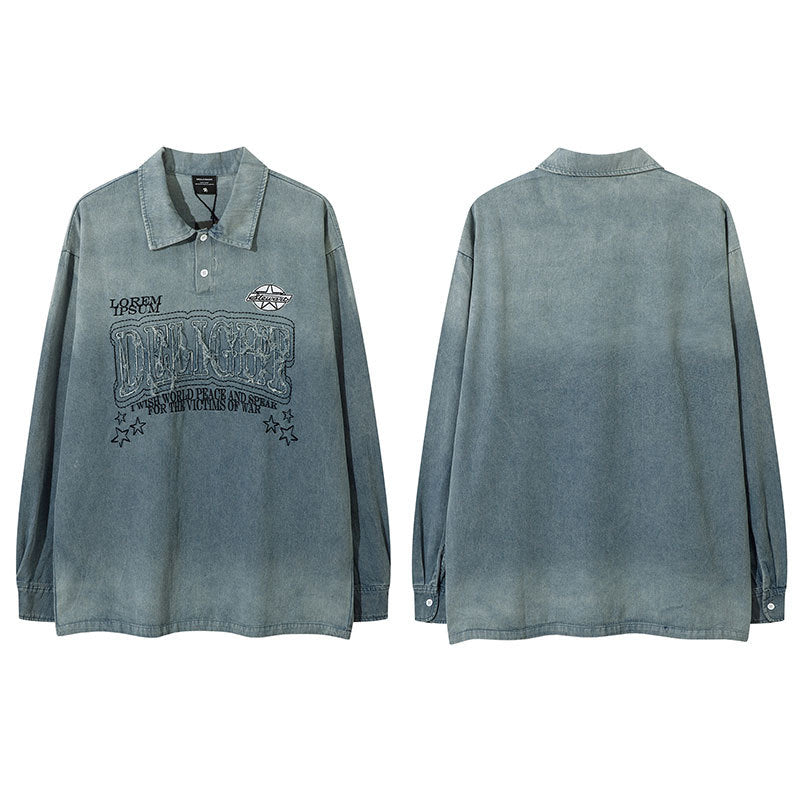 Marcas De Streetwear Washed Old POLO Shirt Loose Denim Long Sleeve T-Shirt