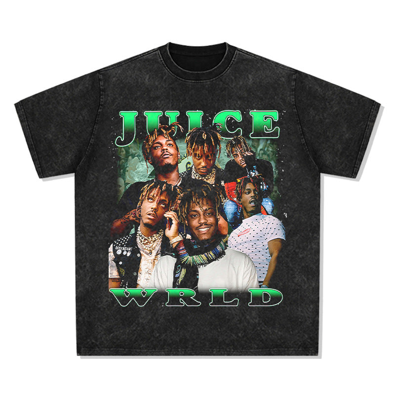 Cool t rapper retro rapper Juice WRLD character print short sleeve t-shirt loose long sleeve top
