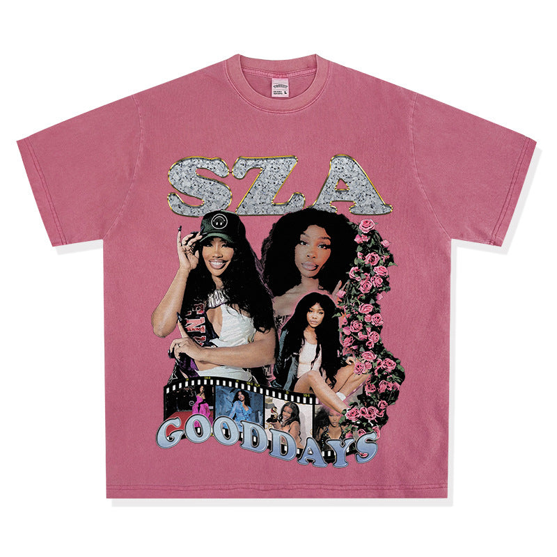 Streetwear masculino vintage rap SZA print short sleeve t-shirt oversize