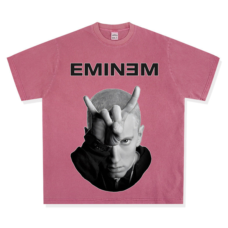 Streetwear masculino hip hop emperor Eminem vintage washed do old short sleeve t-shirt