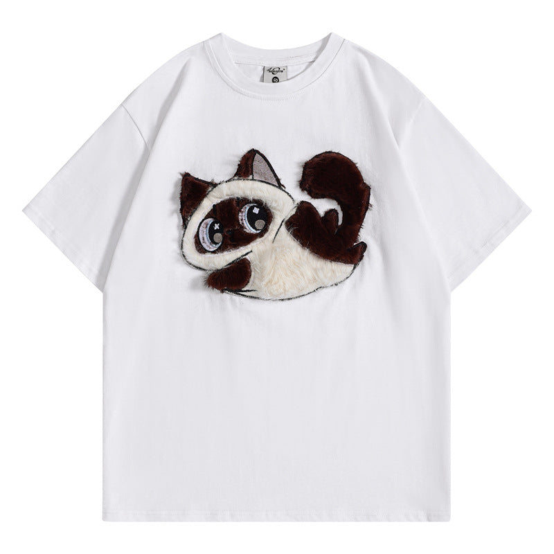 Camisetas streetwear Summer Vintage Space Cat Casual Loose Short Sleeve T-Shirt