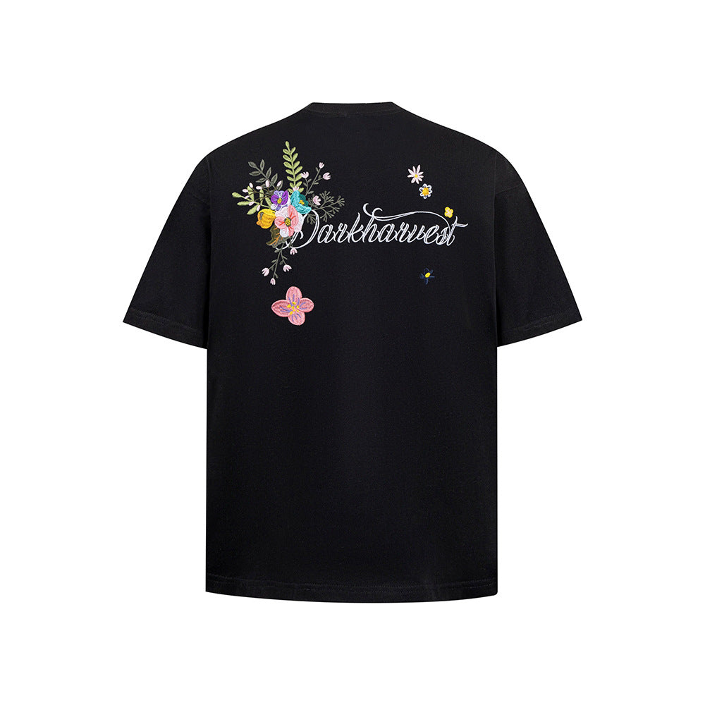 New York Hip Hop Style Floral Embroidery Short Sleeve T-Shirt