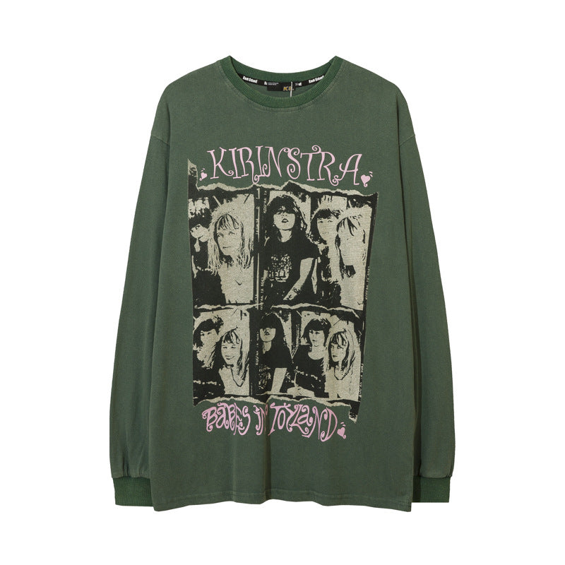 Vintage T Shirts Hip Hop Old Wash Character Print Long Sleeve T-Shirt Autumn oversize