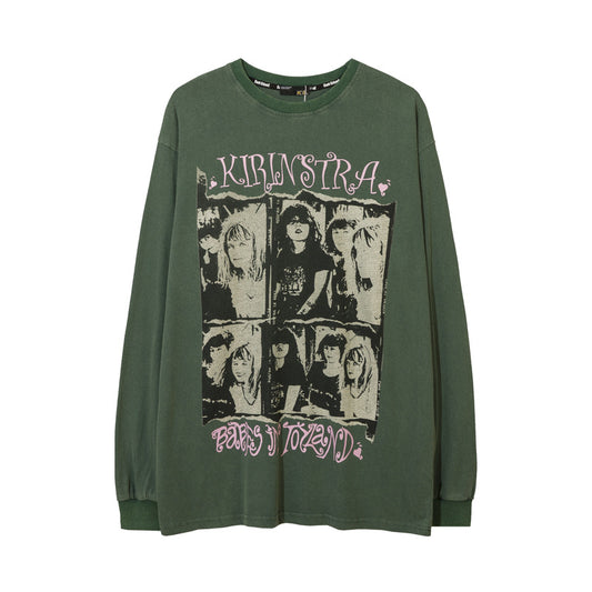 Vintage T Shirts Hip Hop Old Wash Character Print Long Sleeve T-Shirt Autumn oversize