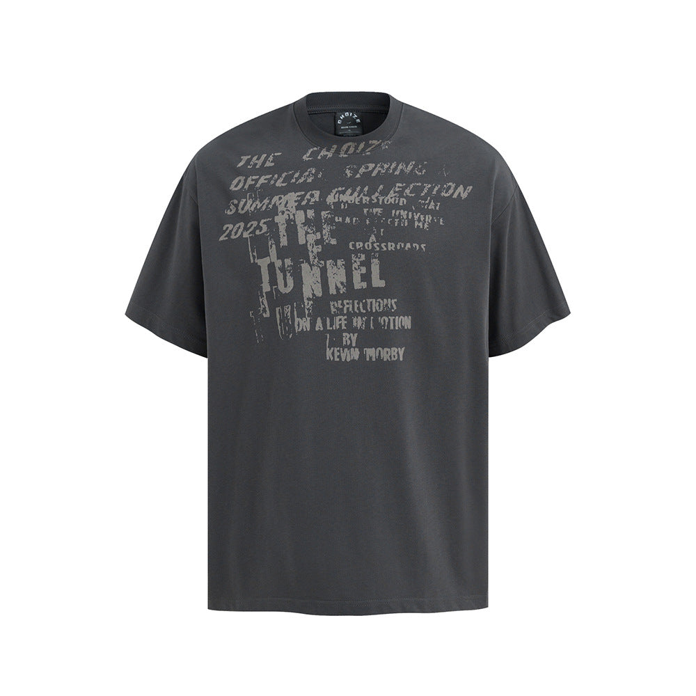 Nostalgia T Shirts Vintage Washed Alphabet T-Shirt Loose Crew Neck Top