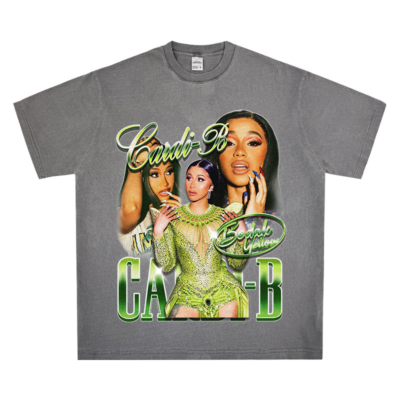 Streetwear Masculino Vintage Long Sleeve Short Sleeve T-Shirt Rap Cardi B Print Top