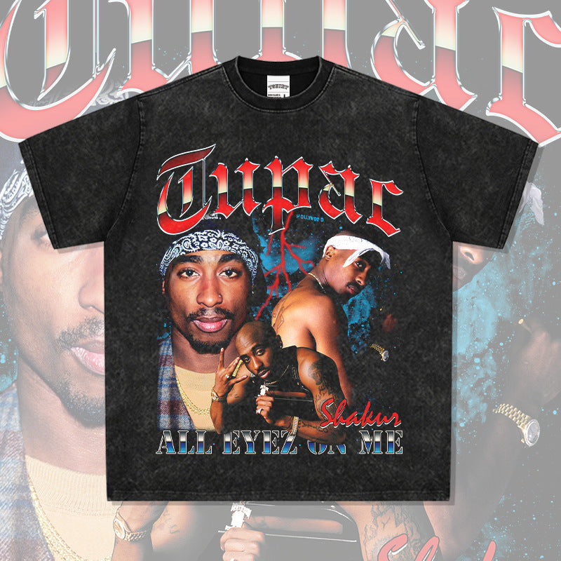 New york hip hop shop BCtupac print short sleeve retro washed old T shirt