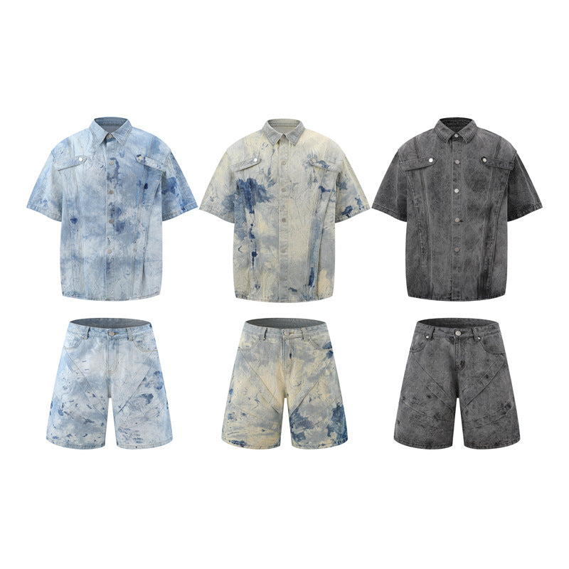 Stone Wash T shirt tie-dye gradual change washed old denim short sleeves