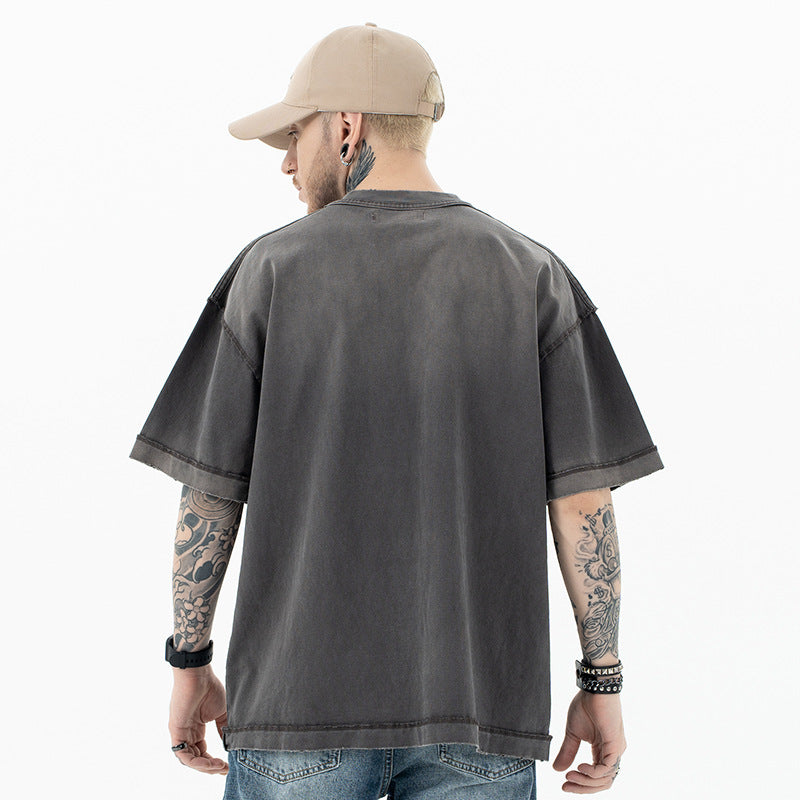 Vintage 90s Hip Hop Clothing Summer Embroidery gradual change water wash short sleeve T-shirt