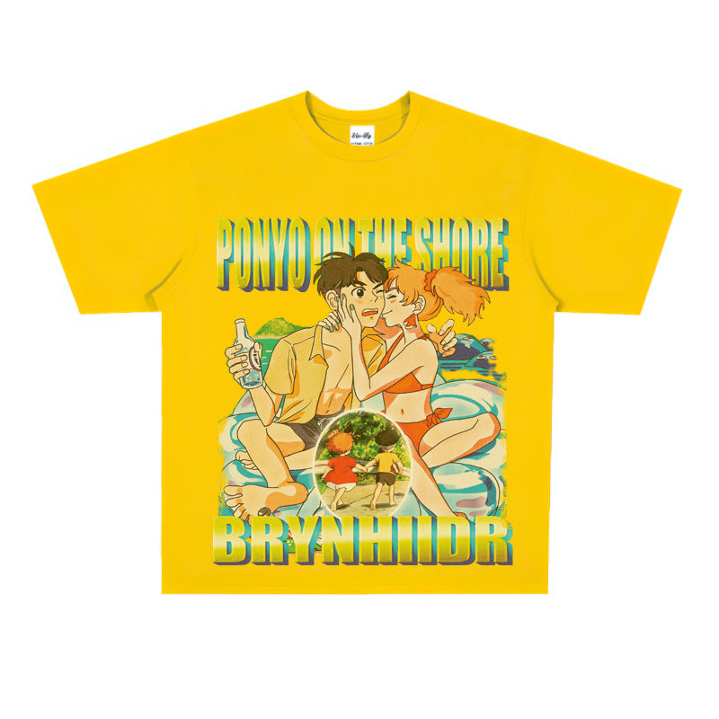 Film Star T Shirt Japanese Cartoons Animation Ponyo on the Cliff by the Sea Movie Loose Heavy Street Cotton T-shirt