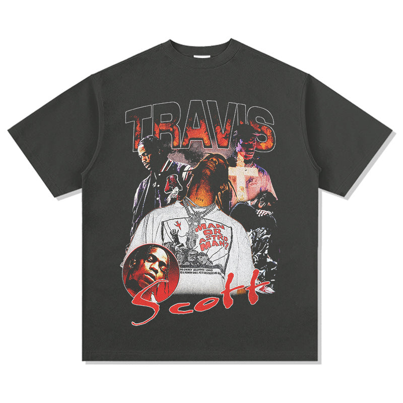 Streetwear masculino TRAVIS SCOTT character print short sleeve VINTAGE hip hop rap t-shirt